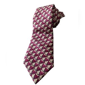 Boxtree Company 100% Silk Tie Fish Nautical Boats Made USA Novelty Burgundy Bold